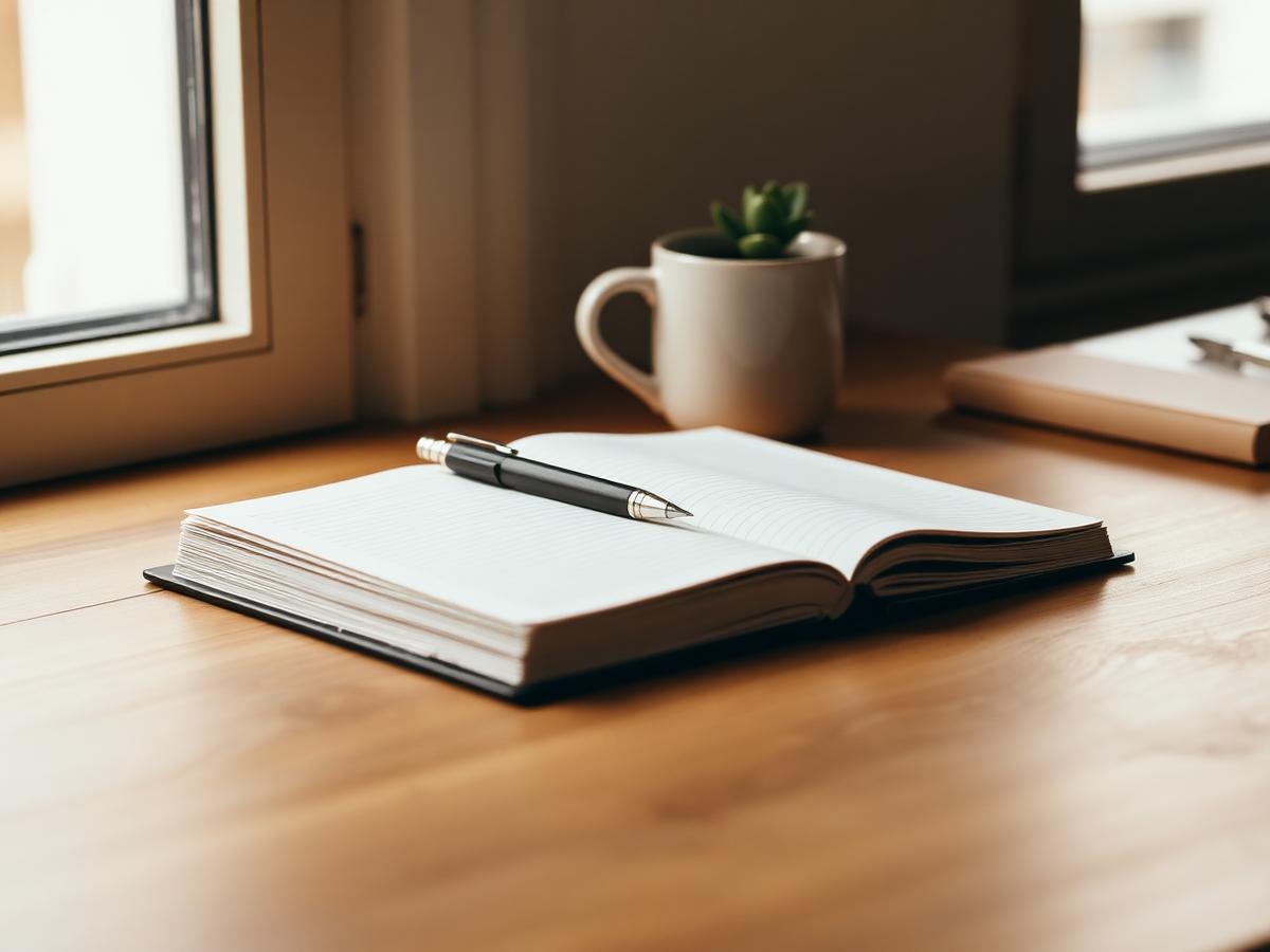 Open notebook and pen beside a mug holding a small plant