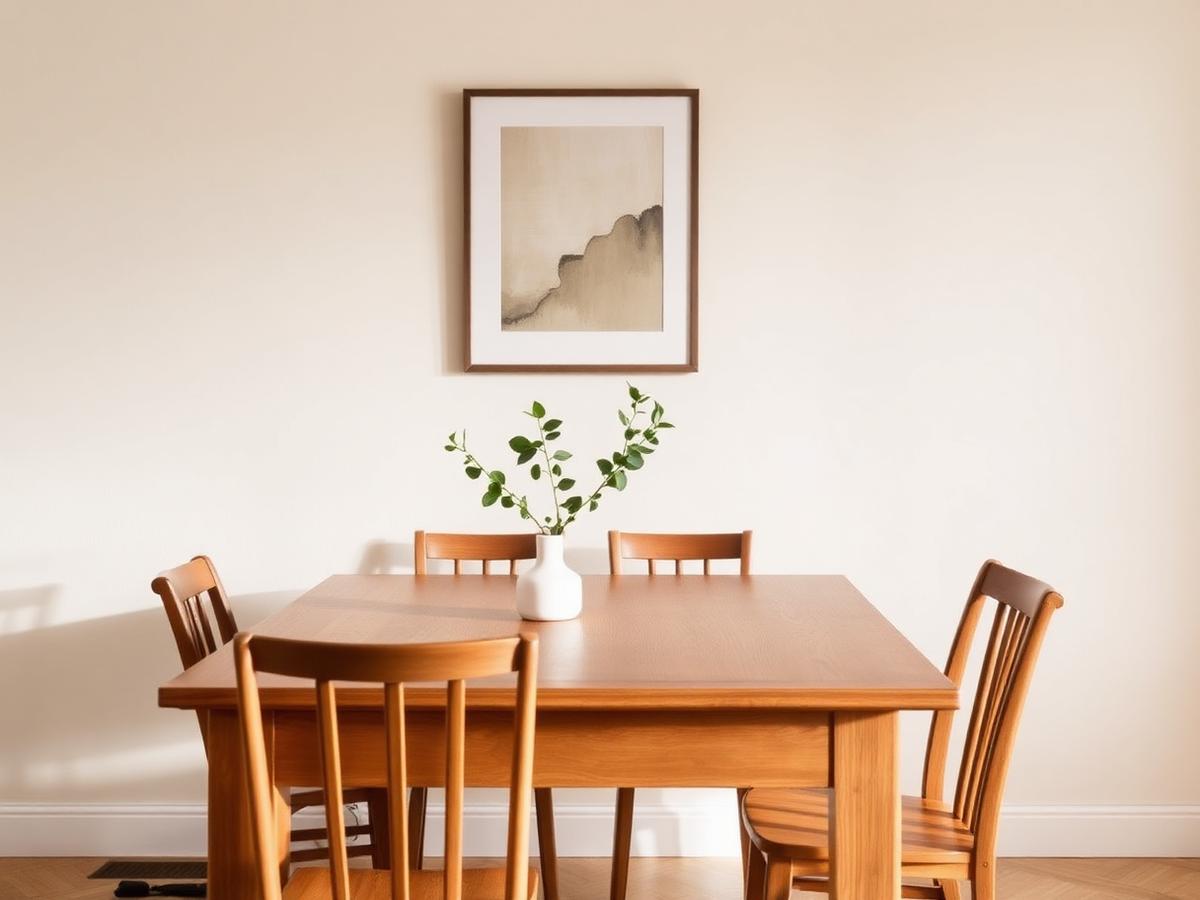 Leafy branches in a white vase on a 4-seater dining table