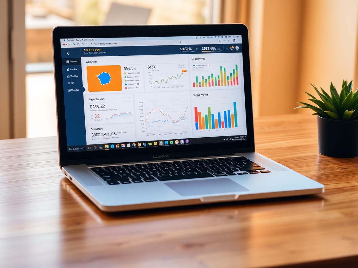 Laptop displaying colorful charts beside a potted plant