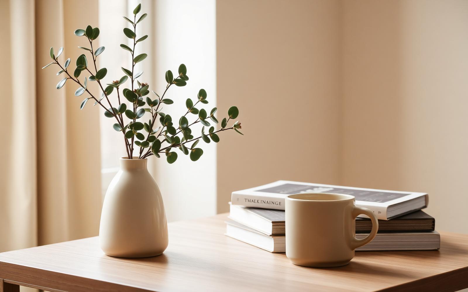 Leafy branches in a white vase beside a mug and stacked books