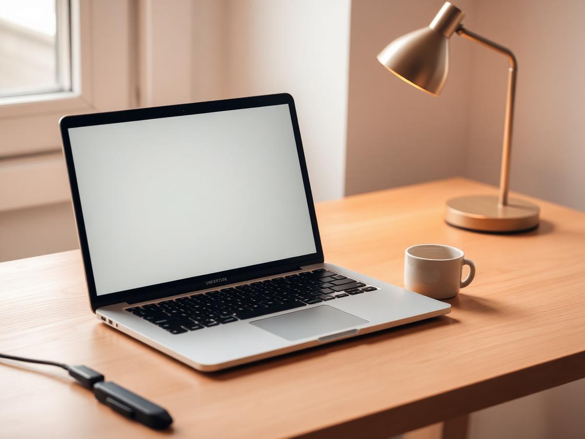 An open laptop with a blank white screen beside a cup and a desk lamp